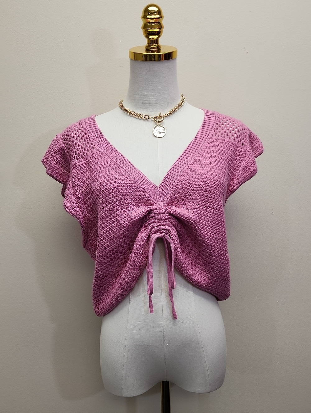 Madden NYC Pink Ruched Front Tie Crop Top Knit Y2K Size Extra Large